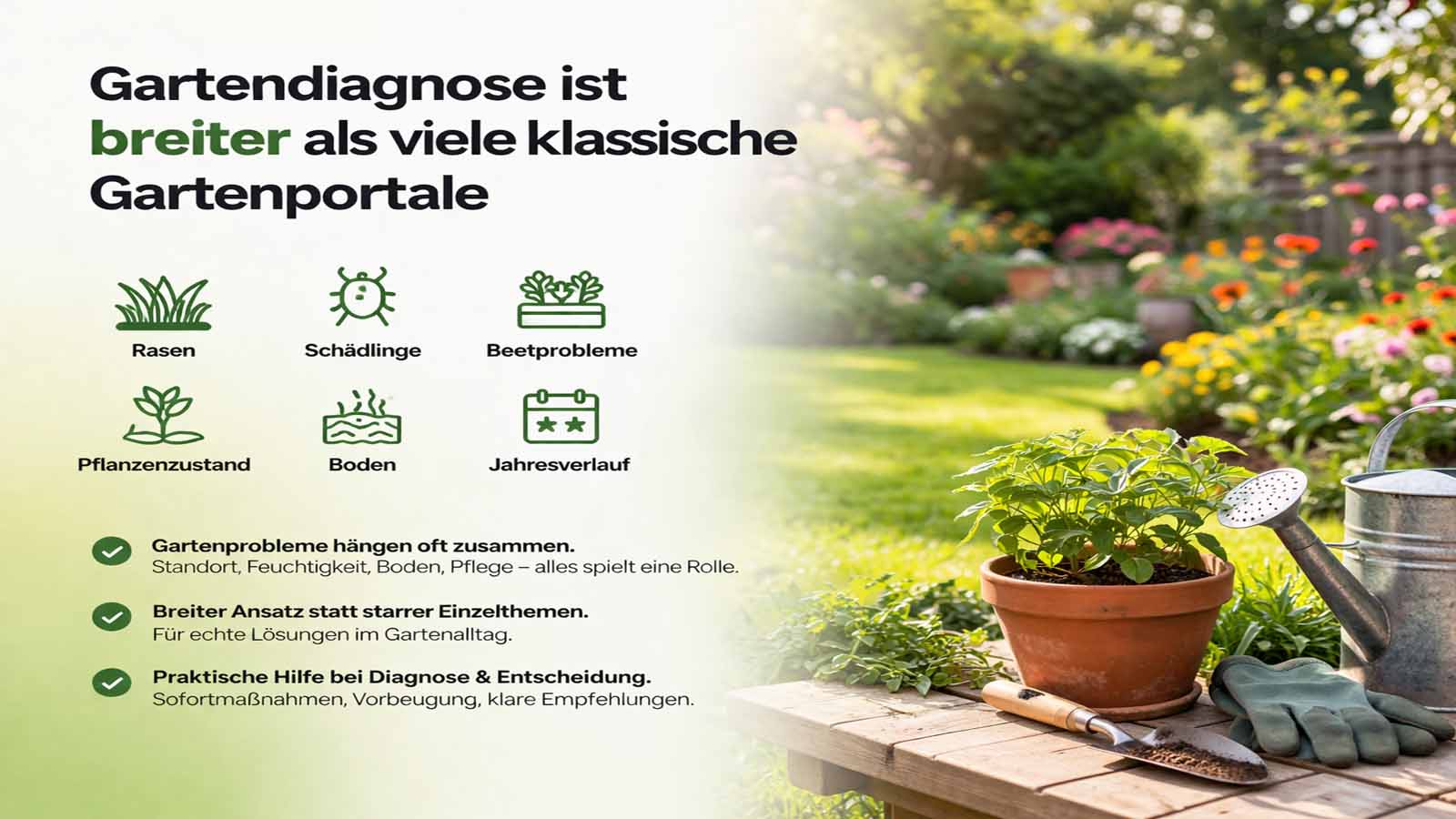 Gartendiagnose ist breiter als viele klassische Gartenportale, ergänzt durch Symbole und Gartenszene zu Rasen, Schädlingen, Beetproblemen, Boden, Pflanzenzustand und Jahresverlauf.