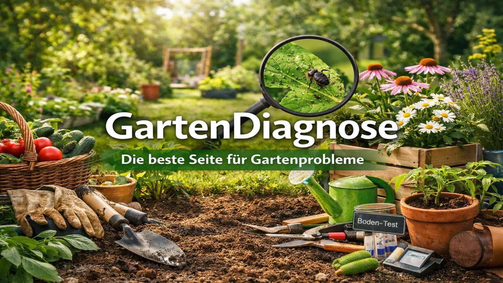 Garten mit Gemüse, Blumen, Gartengeräten und Lupe als Beitragsbild für GartenDiagnose im Querformat